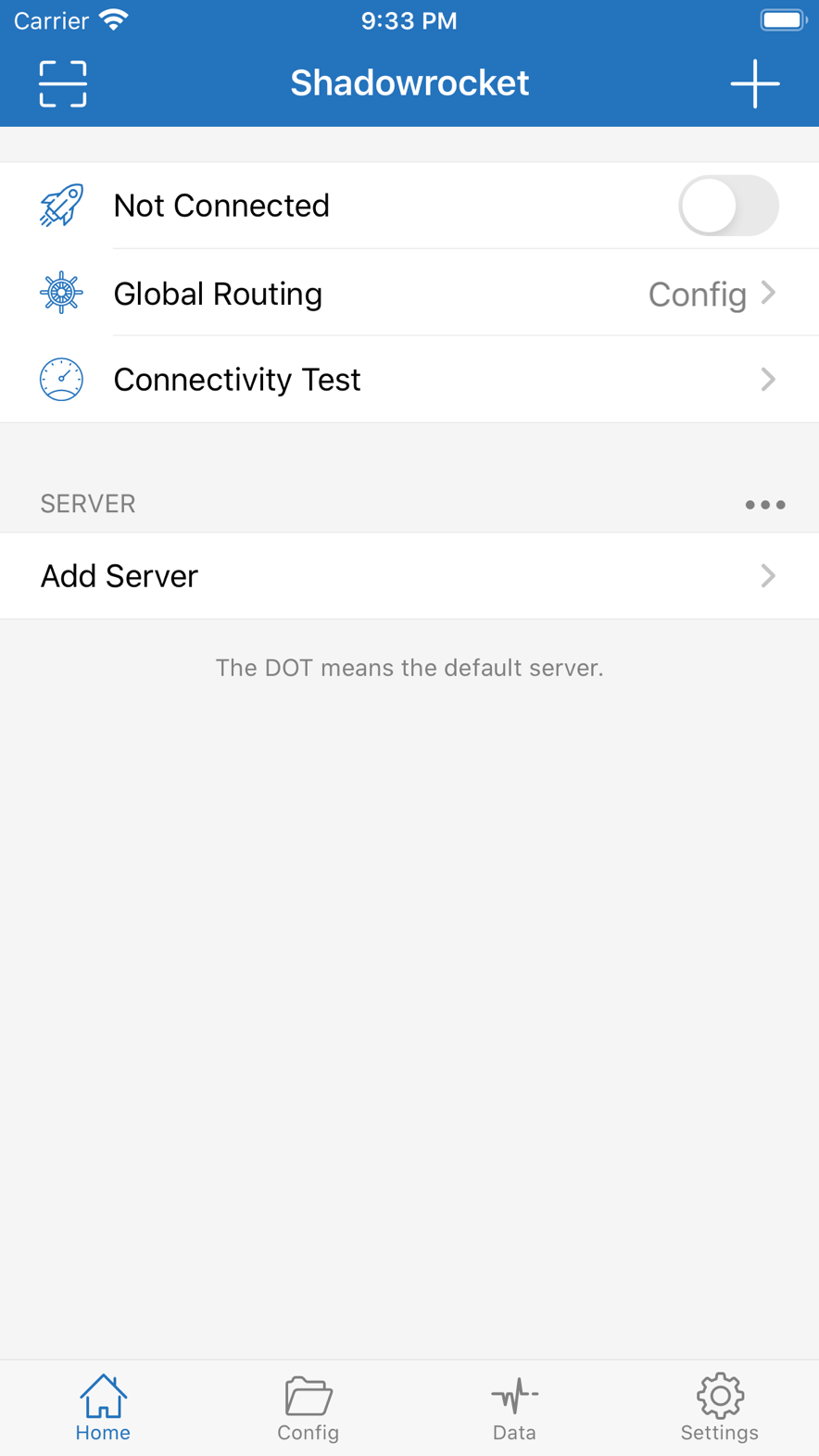 Shadowrocket Home: not connected, ready to add a server