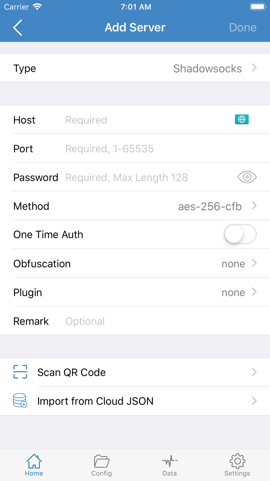 Add Server form: Host, Port, Password
