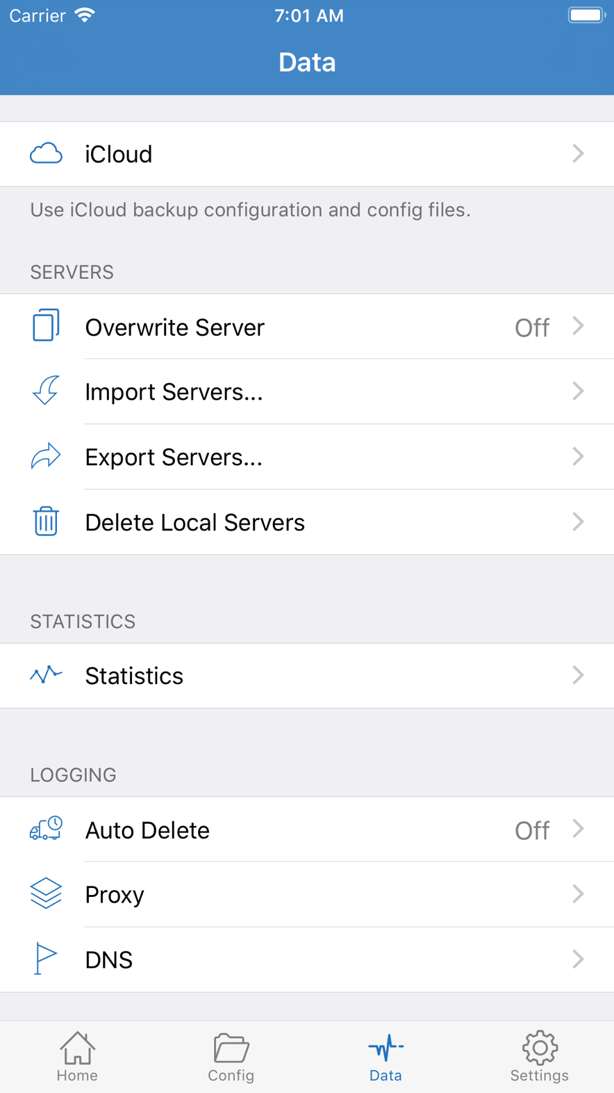 Data: iCloud, import and export servers